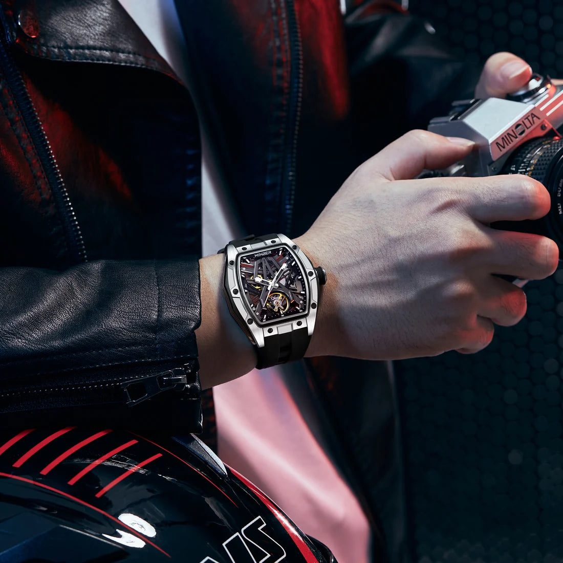 MINBER Cyber-Premium JC9191G-1.04 | Silver-Black Silicone Strap Skeleton Automatic Watch