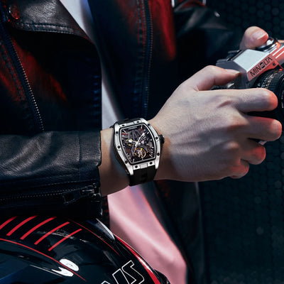 MINBER Cyber-Premium JC9191G-1.04 | Silver-Black Silicone Strap Skeleton Automatic Watch