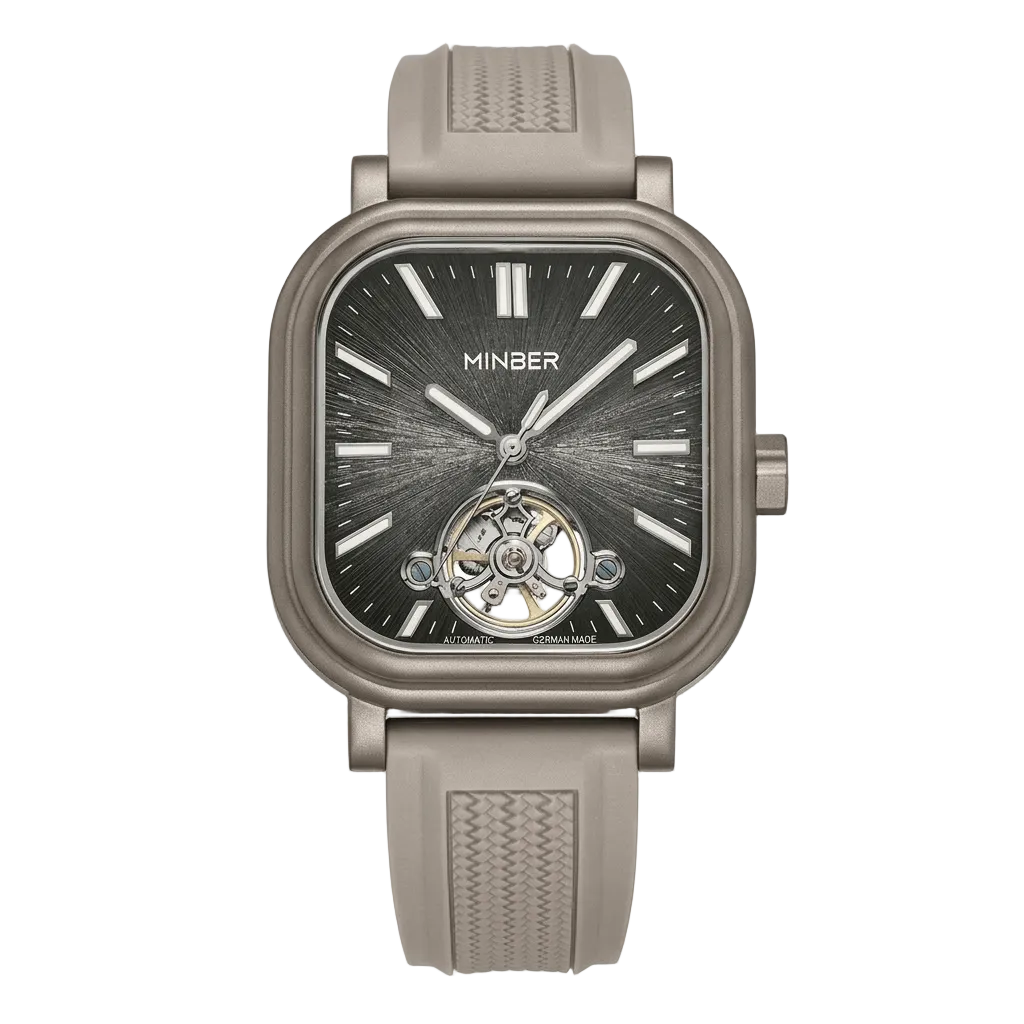 MINBER Heritage Open Heart JC9220G-2.03 Black Beige Rubber Strap Autoamtic Watch