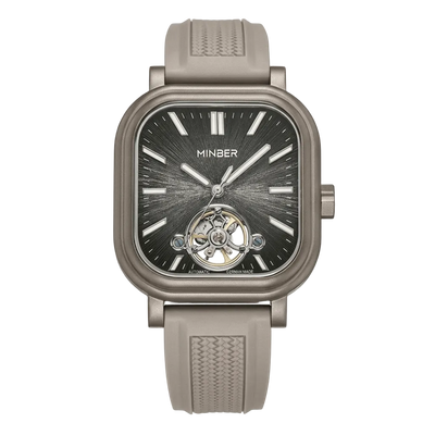 MINBER Heritage Open Heart JC9220G-2.03 Black Beige Rubber Strap Autoamtic Watch