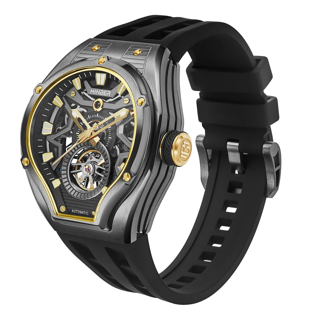 MINBER NOVA JC9045G.05 - Gold Black Silicon Strap Skeleton Automatic Watch