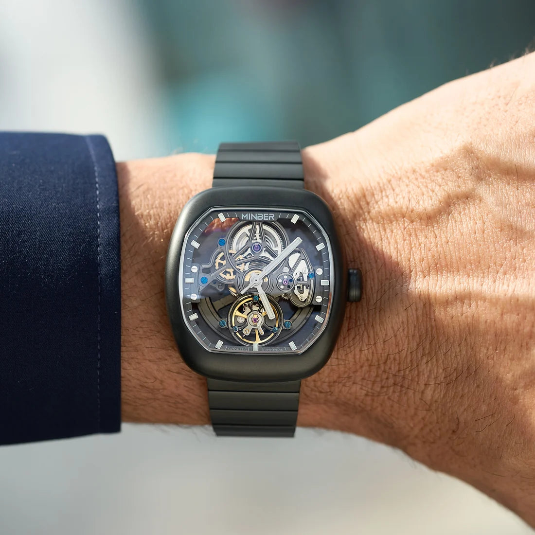MINBER Skeleton-X JC9253G-1.01 All Black Steel Chain Automatic Watch