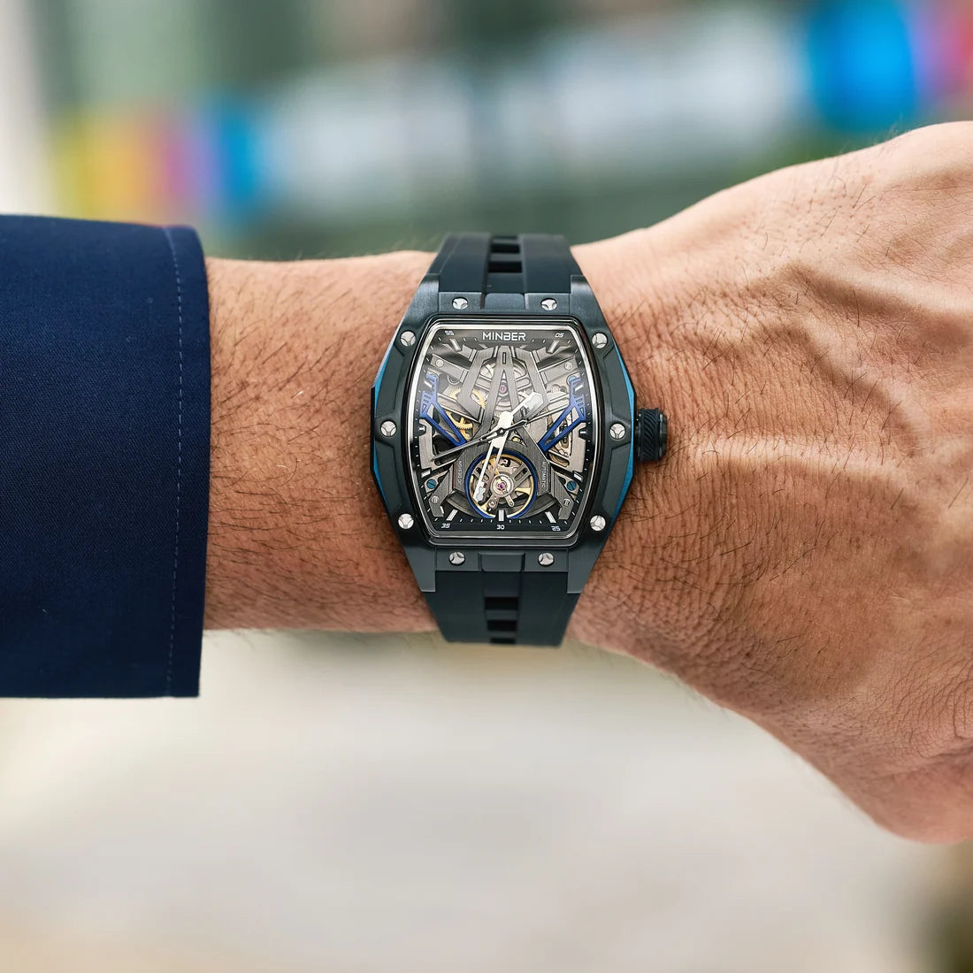 MINBER Cyber-Premium JC9191G-1.03 | White-Black Silicone Strap Skeleton Automatic Watch