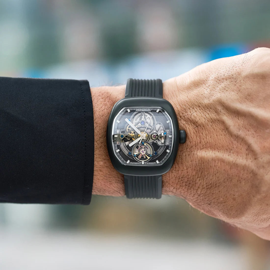 MINBER Skeleton-X JC9253G-1.03 All Black Silicon Strap Automatic Watch