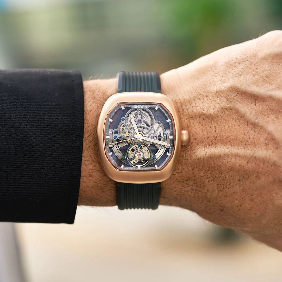 MINBER Skeleton-X JC9253G-2.01 Rose Gold Black Silicon Strap Automatic Watch