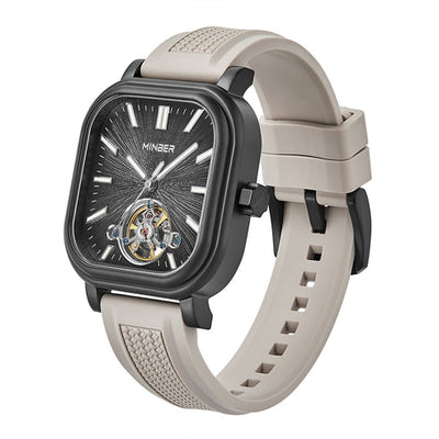 MINBER Heritage Open Heart JC9220G-2.03 Black Beige Rubber Strap Autoamtic Watch