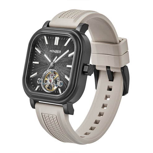 MINBER Heritage Open Heart JC9220G-2.03 Black Beige Rubber Strap Autoamtic Watch