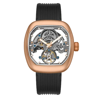 MINBER Skeleton-X JC9253G-2.01 Rose Gold Black Silicon Strap Automatic Watch