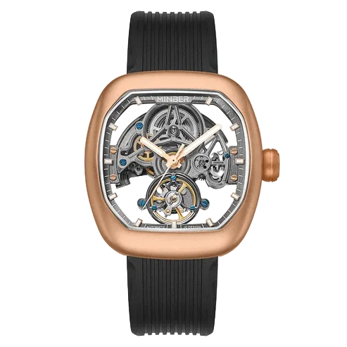 MINBER Skeleton-X JC9253G-2.01 Rose Gold Black Silicon Strap Automatic Watch