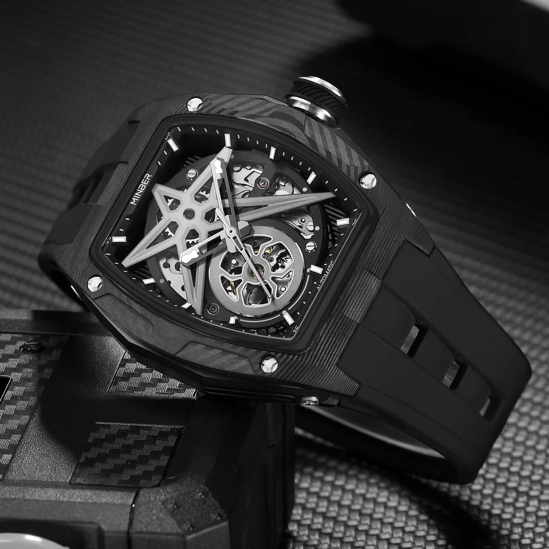 MINBER STAR Skeleton JC9108G.01 Black Carbon Fiber Automatic Black Rubber Strap