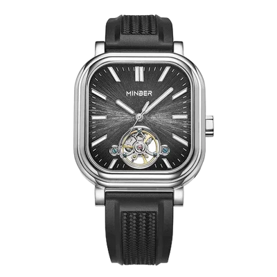 MINBER Heritage Open Heart JC9220G-2.01 Silver Black Rubber Strap Autoamtic Watch