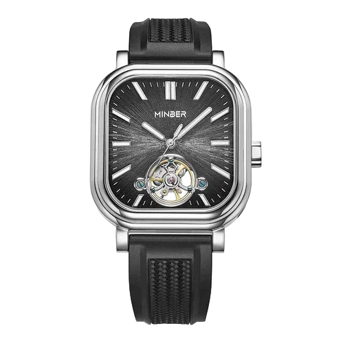 MINBER Heritage Open Heart JC9220G-2.01 Silver Black Rubber Strap Autoamtic Watch