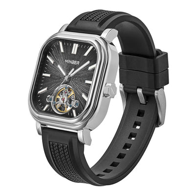 MINBER Heritage Open Heart JC9220G-2.01 Silver Black Rubber Strap Autoamtic Watch