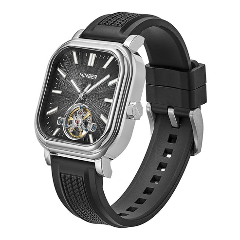 MINBER Heritage Open Heart JC9220G-2.01 Silver Black Rubber Strap Autoamtic Watch