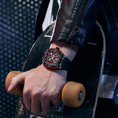 MINBER Cyber-Premium JC919 1G-1.01 | Red-Black Silicone Strap Skeleton Automatic Watch