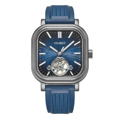 MINBER Heritage Open Heart JC9220G-2.01 Silver Blue Rubber Strap Autoamtic Watch