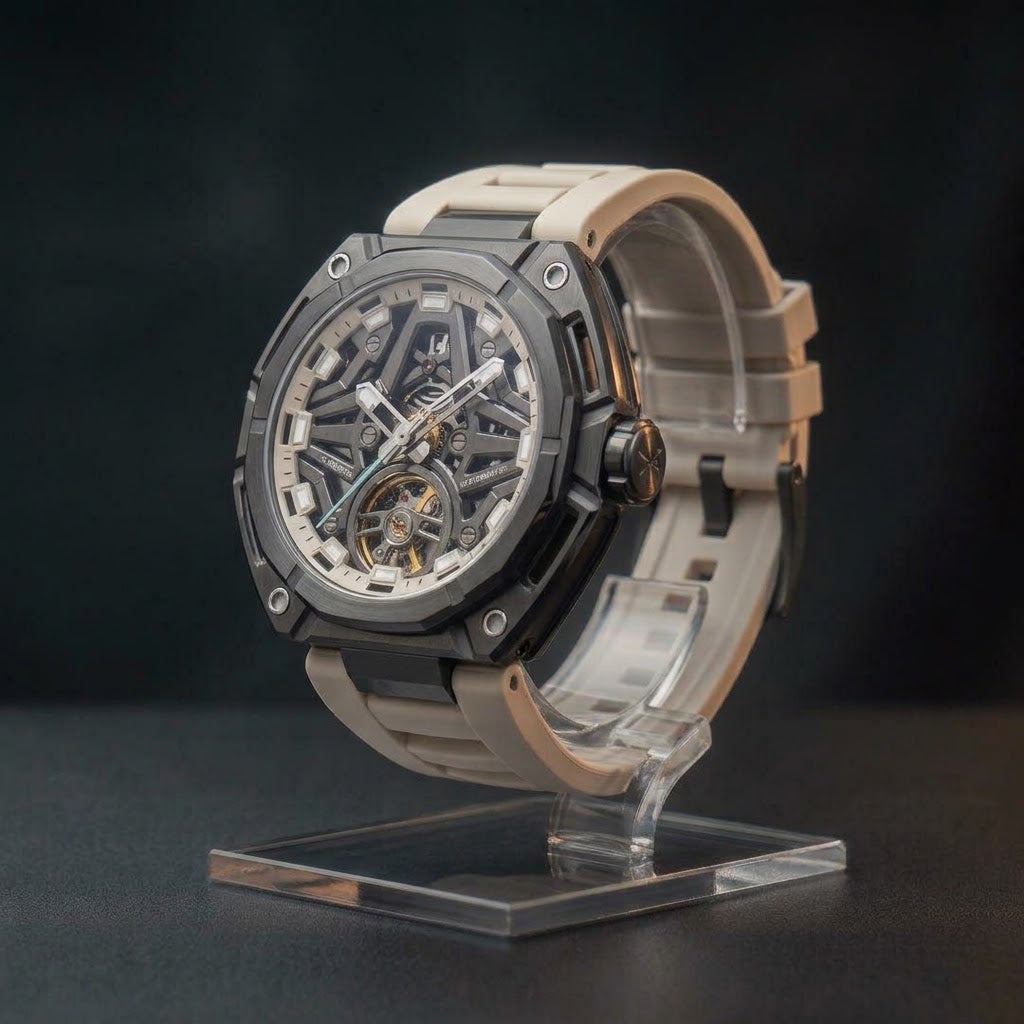 MINBER AeroForge Skeleton JC9236G-2.01 Gunmatelic Beige Silicon Strap Automatic Watch
