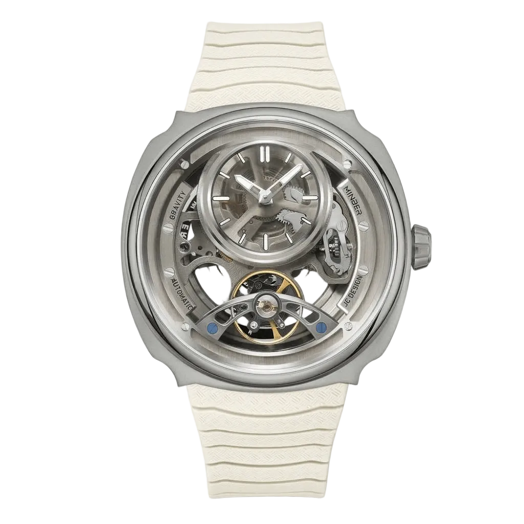 MINBER Prism-Tourbillon JC9217G.01 Silver White Silicone Strap Automatic Men's Watch