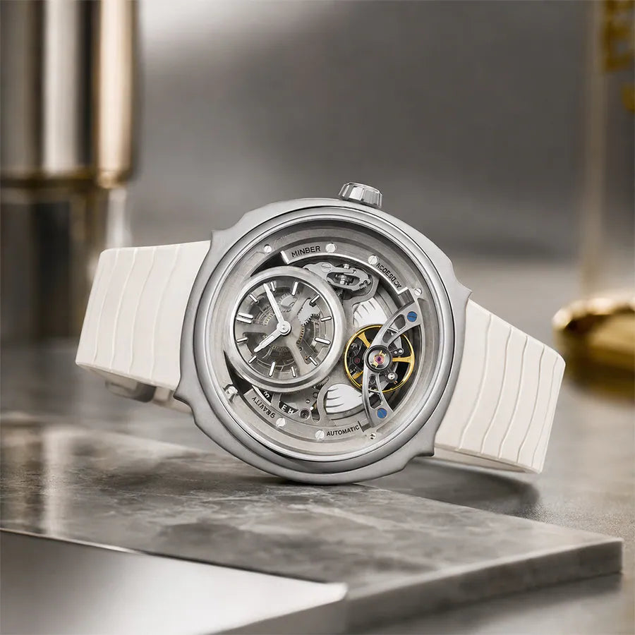 MINBER Prism-Tourbillon JC9217G.01 Silver White Silicone Strap Automatic Men's Watch
