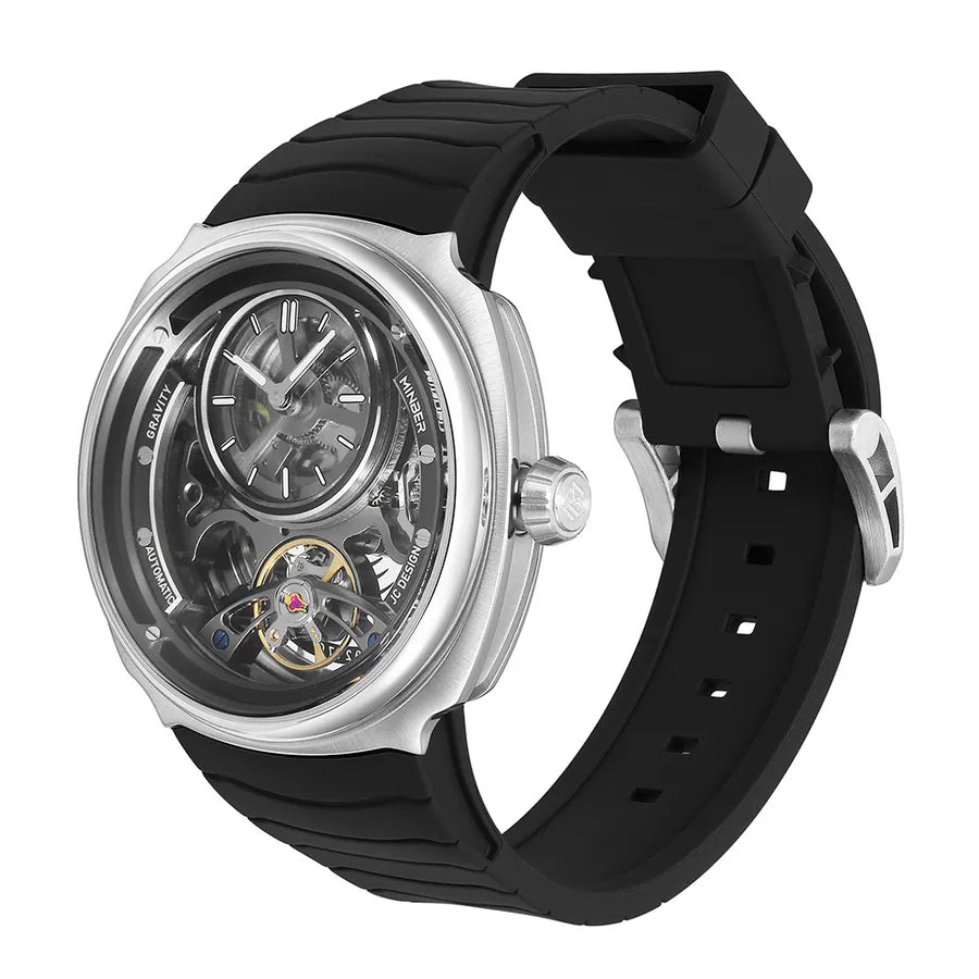 MINBER Prism-Tourbillon JC9217G.02 Silver Black Silicone Strap Automatic Men's Watch