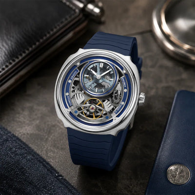 MINBER Prism-Tourbillon JC9217G.03 Silver Blue Silicone Strap Automatic Men's Watch