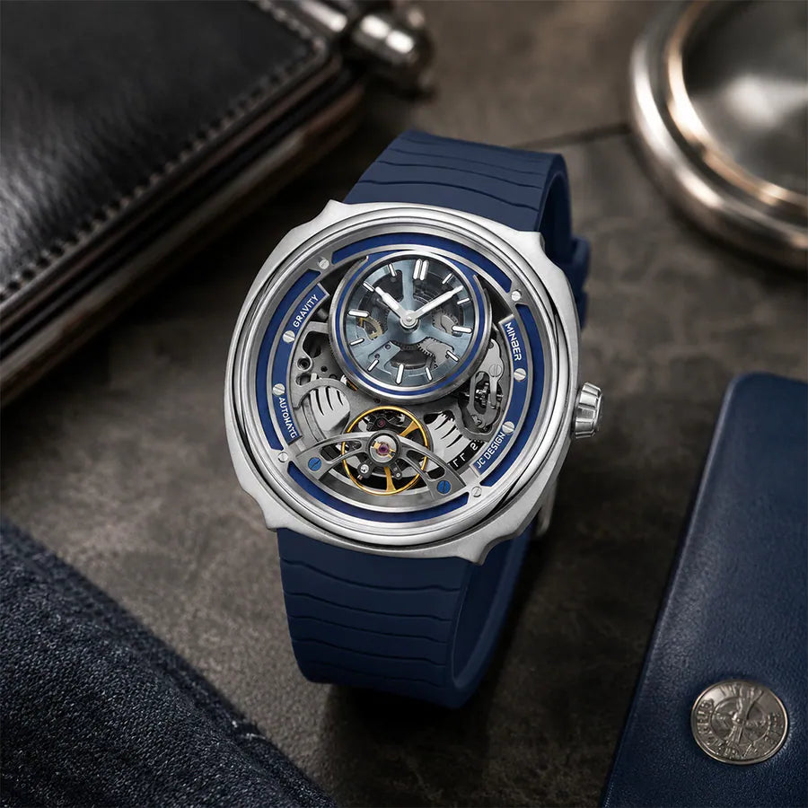 MINBER Prism-Tourbillon JC9217G.03 Silver Blue Silicone Strap Automatic Men's Watch