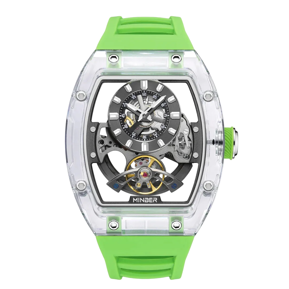MINBER AETHER JC9027G-3.01 Green Rubber Strap Automatic Skeleton Watch