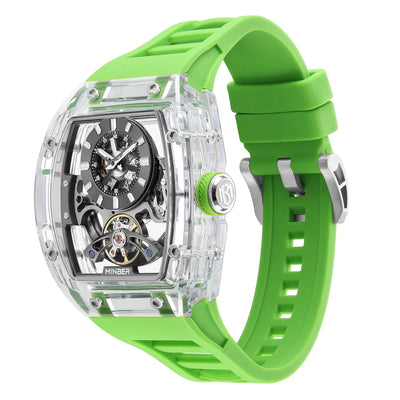 MINBER AETHER JC9027G-3.01 Green Rubber Strap Automatic Skeleton Watch
