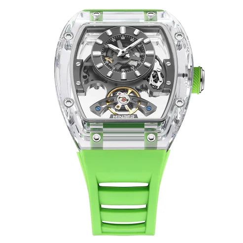 MINBER AETHER JC9027G-3.01 Green Rubber Strap Automatic Skeleton Watch