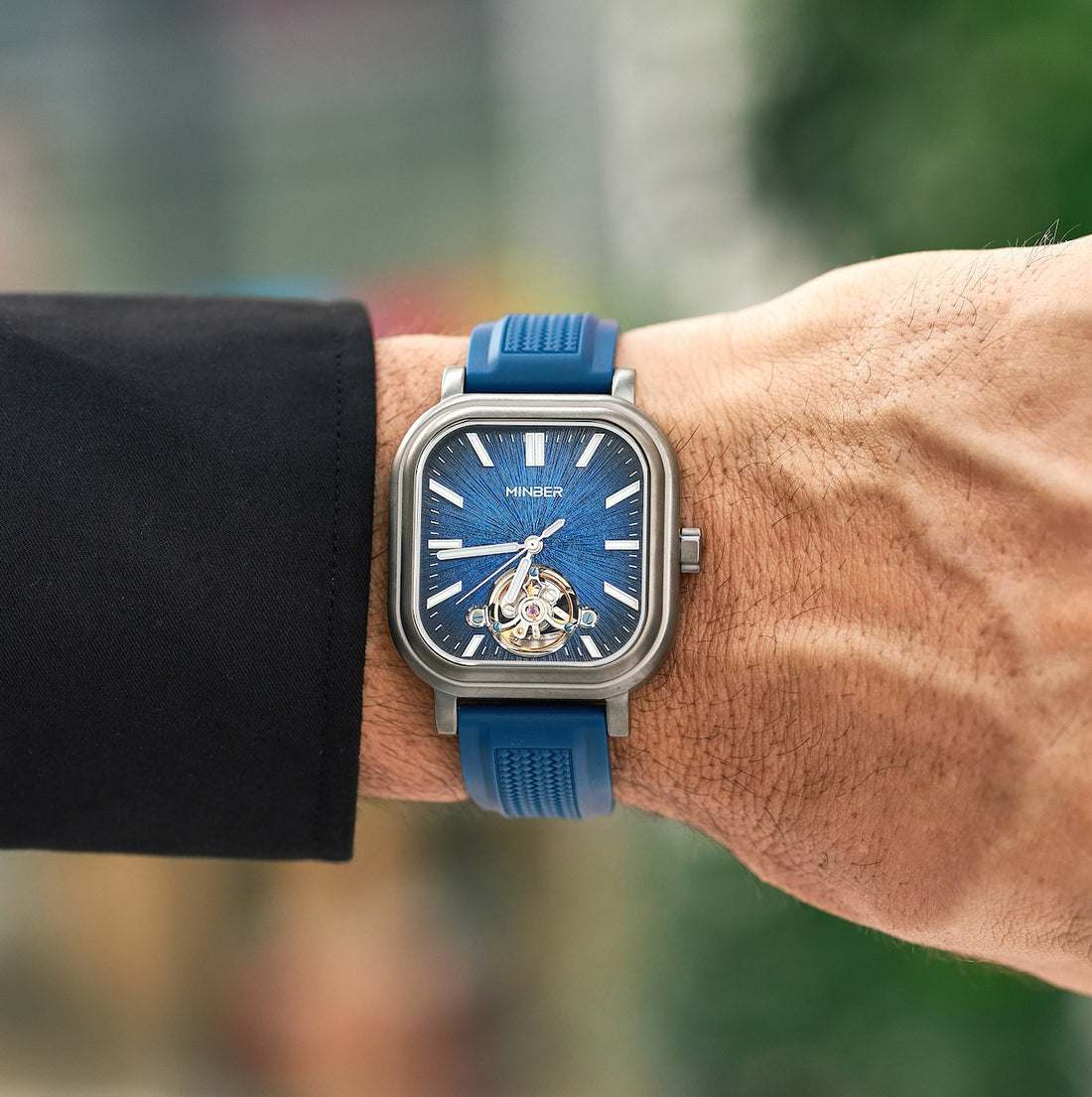 MINBER Heritage Open Heart JC9220G-2.01 Silver Blue Rubber Strap Autoamtic Watch
