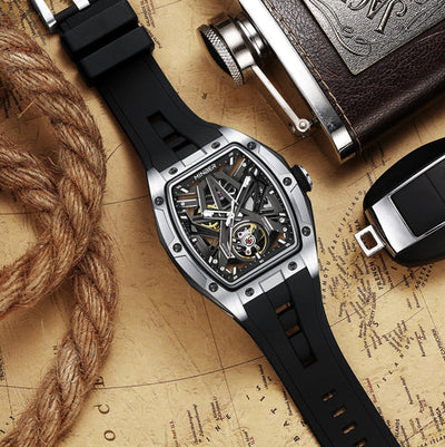 MINBER Cyber-Premium JC9191G-1.04 | Silver-Black Silicone Strap Skeleton Automatic Watch