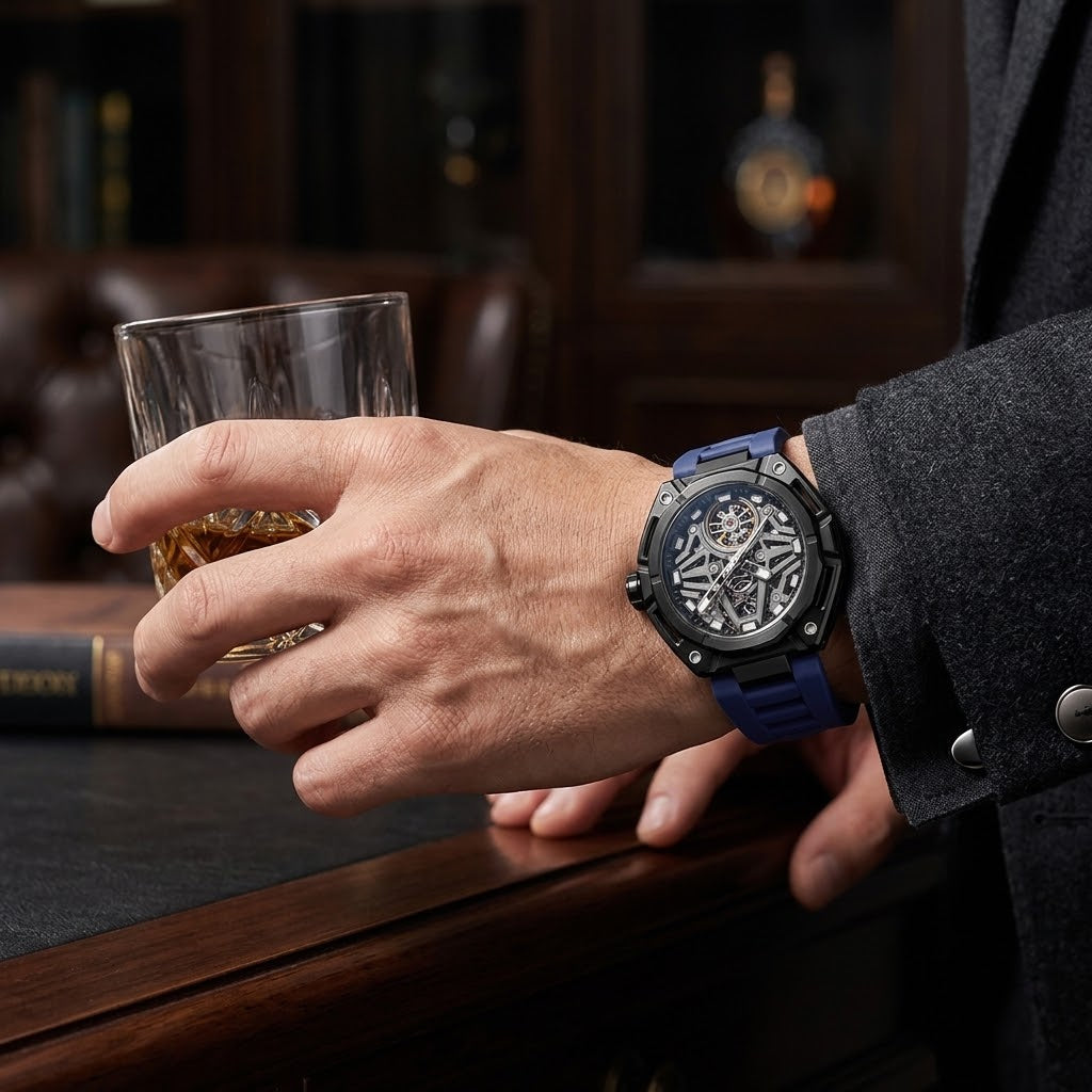 MINBER AeroForge Skeleton JC9236G-2.02 Gunmatelic Blue Silicon Strap Automatic Watch