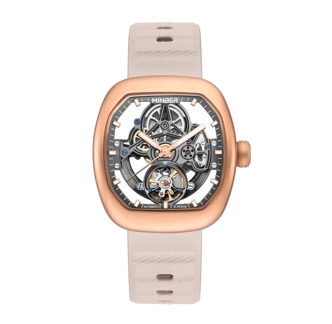 MINBER Skeleton-X JC9253G-2.02 Rose Gold Light Beige Silicon Strap Automatic Watch