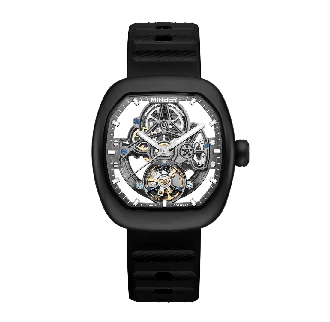 MINBER Skeleton-X JC9253G-1.03 All Black Silicon Strap Automatic Watch