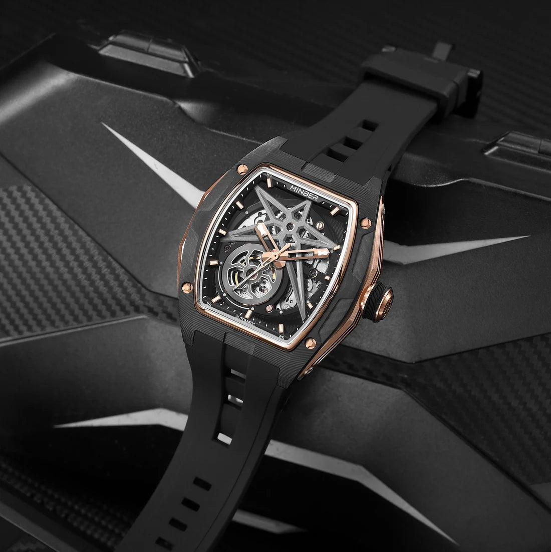 MINBER STAR Skeleton JC9108G.02 Rose Carbon Fiber Automatic Black Rubber Strap