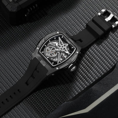 MINBER STAR Skeleton JC9108G.01 Black Carbon Fiber Automatic Black Rubber Strap