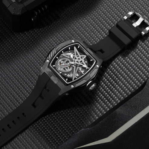 MINBER STAR Skeleton JC9108G.01 Black Carbon Fiber Automatic Black Rubber Strap