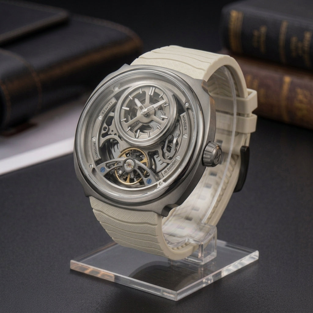 MINBER Prism-Tourbillon JC9217G.01 Silver White Silicone Strap Automatic Men's Watch