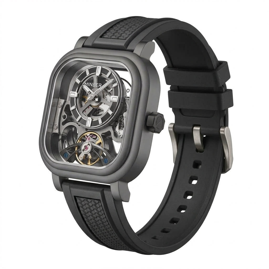 MINBER Velos-Square JC9220G.06 All Black Fluororubber Strap Automatic Watch