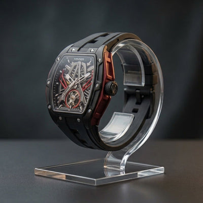 MINBER Cyber-Premium JC919 1G-1.01 | Red-Black Silicone Strap Skeleton Automatic Watch