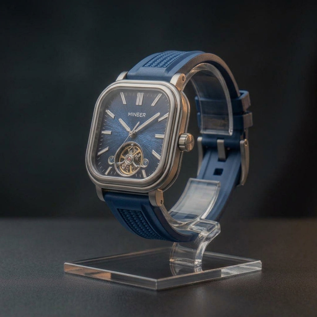 MINBER Heritage Open Heart JC9220G-2.01 Silver Blue Rubber Strap Autoamtic Watch