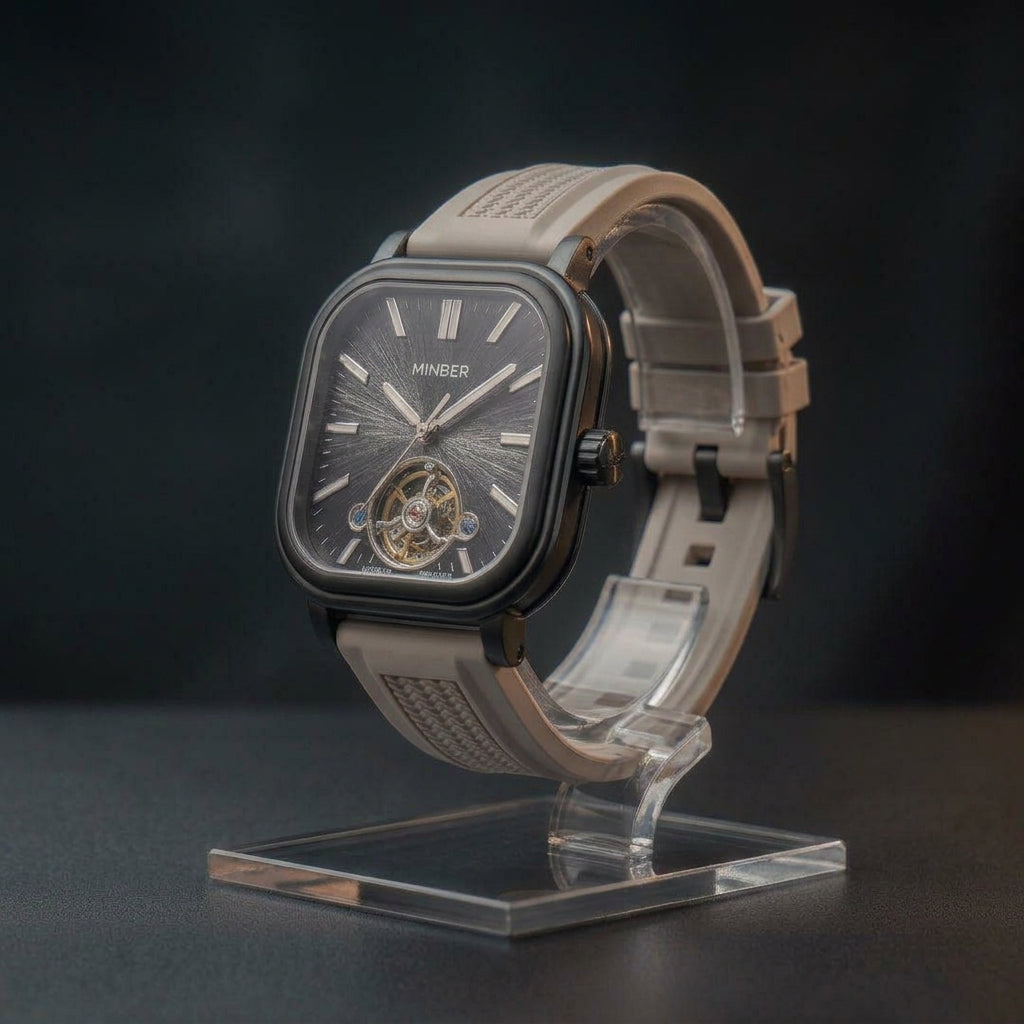 MINBER Heritage Open Heart JC9220G-2.03 Black Beige Rubber Strap Autoamtic Watch