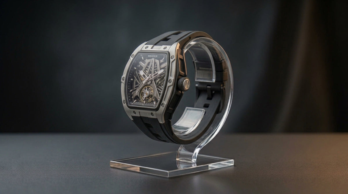 MINBER Cyber-Premium JC9191G-1.04 | Silver-Black Silicone Strap Skeleton Automatic Watch