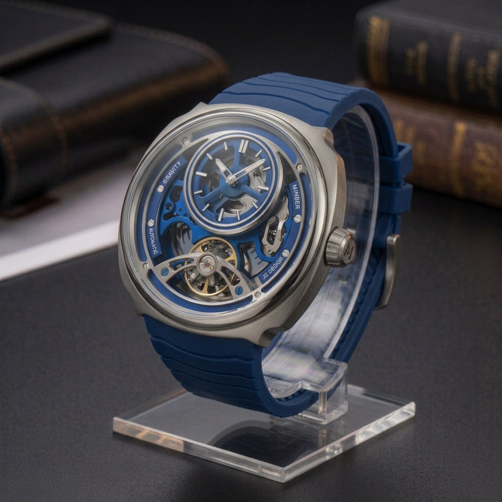 MINBER Prism-Tourbillon JC9217G.03 Silver Blue Silicone Strap Automatic Men's Watch
