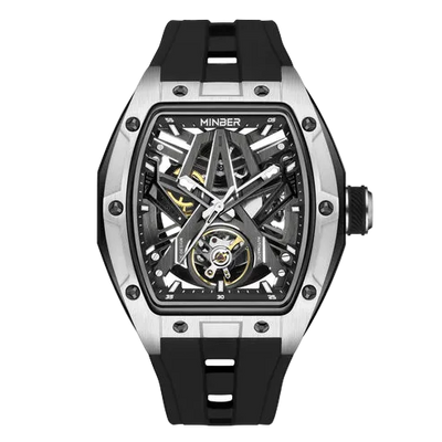 MINBER Cyber-Premium JC9191G-1.04 | Silver-Black Silicone Strap Skeleton Automatic Watch