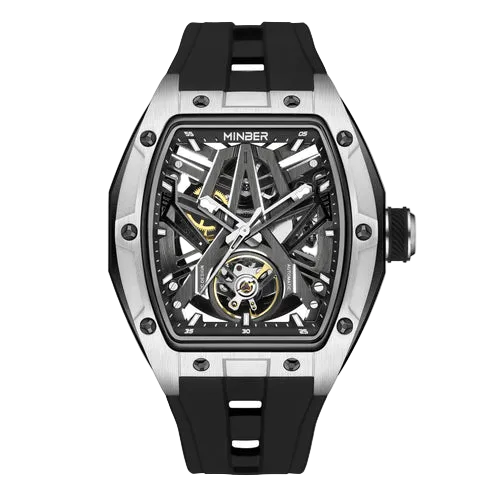 MINBER Cyber-Premium JC9191G-1.04 | Silver-Black Silicone Strap Skeleton Automatic Watch