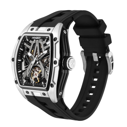 MINBER Cyber-Premium JC9191G-1.04 | Silver-Black Silicone Strap Skeleton Automatic Watch