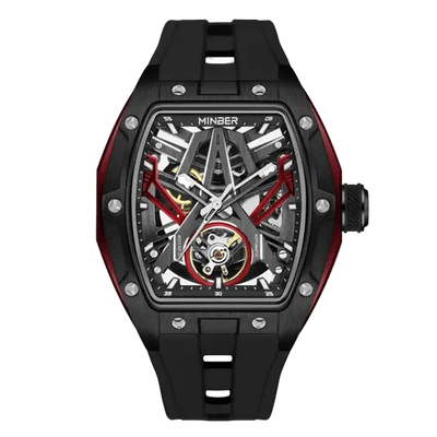 MINBER Cyber-Premium JC919 1G-1.01 | Red-Black Silicone Strap Skeleton Automatic Watch