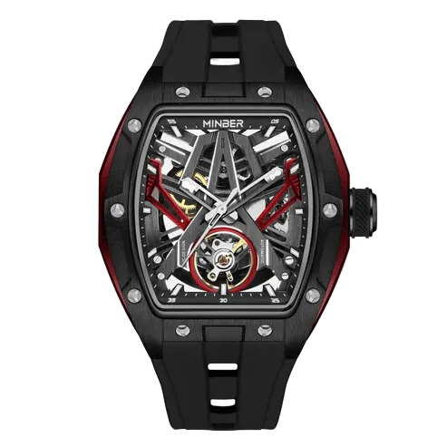 MINBER Cyber-Premium JC919 1G-1.01 | Red-Black Silicone Strap Skeleton Automatic Watch
