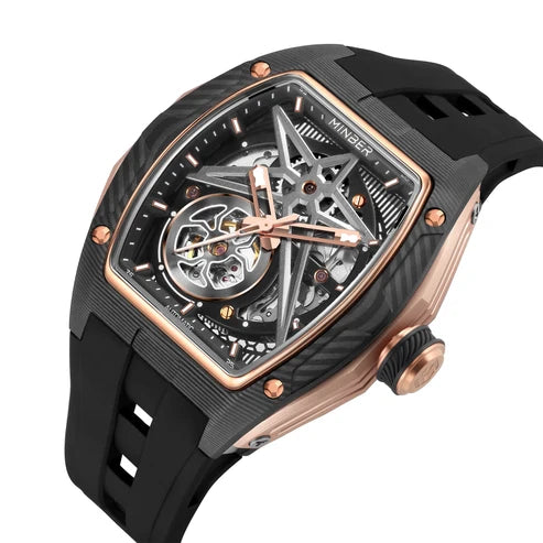 MINBER STAR Skeleton JC9108G.02 Rose Carbon Fiber Automatic Black Rubber Strap